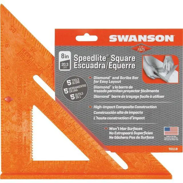 Alt view image 5 of 7 - T0118 8 inch Orange Composite Speedlite Speed Square Layout Tool, made of High Impact Polystyrene | Made in America 8" bright orange layout tool has a lightweight framing square & saw guide