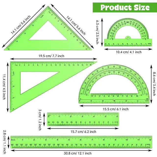 Alt view image 2 of 7 - 6 Pcs Math Geometry Ruler Straight Protractor Triangle, Green