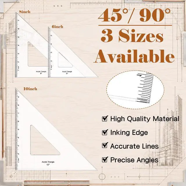 Alt view image 3 of 7 - 6 Inch Drafting Triangle 45/90 Degree, Clear Acrylic, Inking Edge | Drafting Triangle, Inking Edge, Technical Drawing Tools, Design, Architect and Engineering, Student, Carpenter & Woodworker