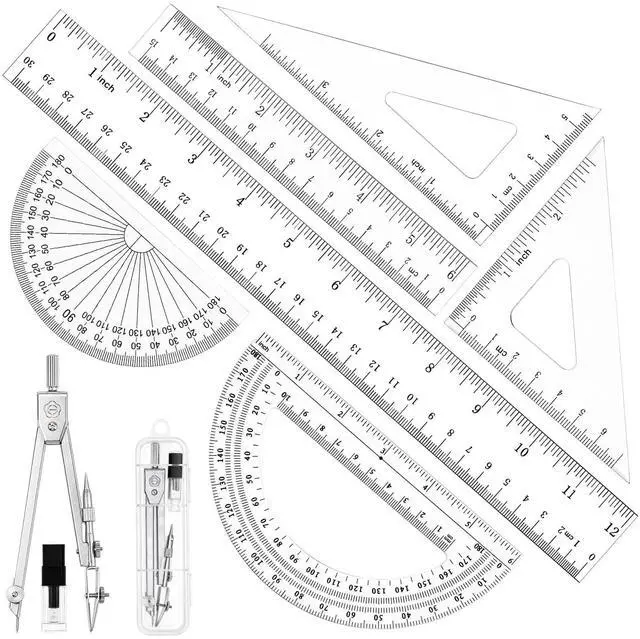 Main image of 7 Pcs Geometry Kit with Ruler, Triangle Ruler, Protractor and Compass Set | 12'' & 6'' Straight Rulers, 45°/60°Triangle Ruler, 6" & 4" Protractors, Compass, Geometry, Drafting, Math, School, Office