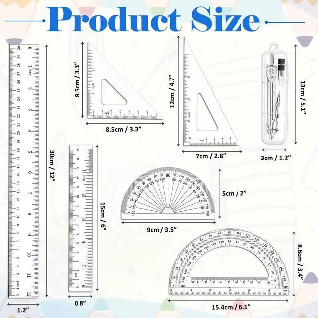 Alt view image 2 of 7 - 7 Pcs Geometry Kit with Ruler, Triangle Ruler, Protractor and Compass Set | 12'' & 6'' Straight Rulers, 45°/60°Triangle Ruler, 6" & 4" Protractors, Compass, Geometry, Drafting, Math, School, Office