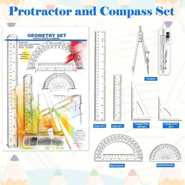 Alt view image 3 of 7 - 7 Pcs Geometry Kit with Ruler, Triangle Ruler, Protractor and Compass Set | 12'' & 6'' Straight Rulers, 45°/60°Triangle Ruler, 6" & 4" Protractors, Compass, Geometry, Drafting, Math, School, Office