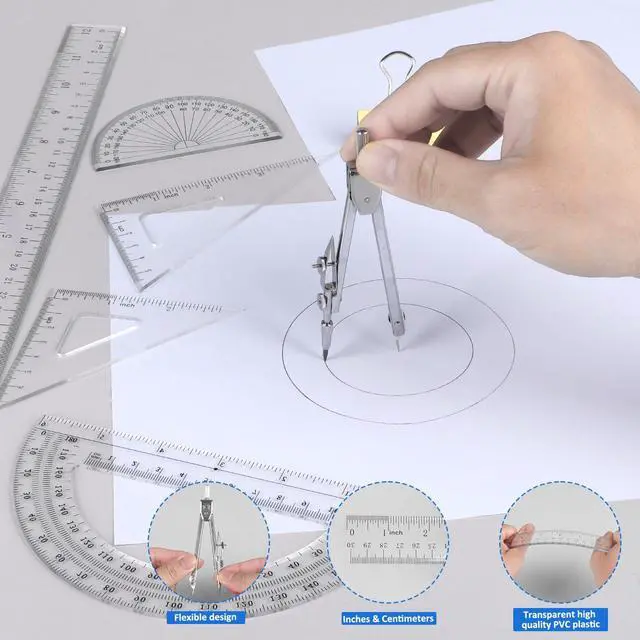 Alt view image 4 of 7 - 7 Pcs Geometry Kit with Ruler, Triangle Ruler, Protractor and Compass Set | 12'' & 6'' Straight Rulers, 45°/60°Triangle Ruler, 6" & 4" Protractors, Compass, Geometry, Drafting, Math, School, Office