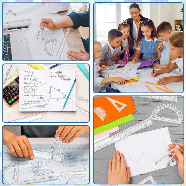 Alt view image 7 of 7 - 7 Pcs Geometry Kit with Ruler, Triangle Ruler, Protractor and Compass Set | 12'' & 6'' Straight Rulers, 45°/60°Triangle Ruler, 6" & 4" Protractors, Compass, Geometry, Drafting, Math, School, Office