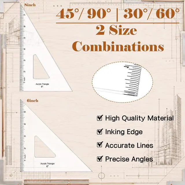 Alt view image 3 of 7 - 2 Pack Triangle Ruler, 30/60 & 45/90, Clear Acrylic, Inking Edge | Drafting Triangle, 8 inch 30/60, 6 inch 45/90 Degree, Technical Drawing Tools, Design, Architect and Engineering, Student