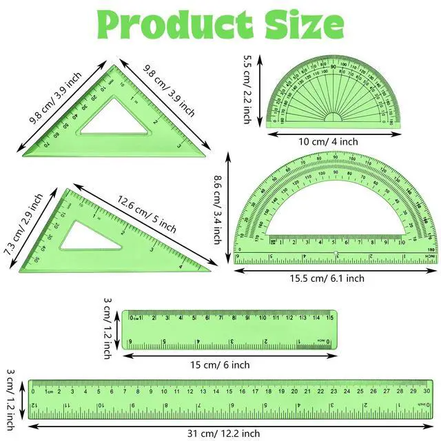 Alt view image 2 of 7 - 6 Pcs Math Geometry Ruler Set, Protractor Triangle School,Green | Clear Plastic Geometry Tools for Kids Drawing, Includes Protractors Triangles Straight Edge, Drafting Set for Math Class Home