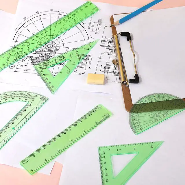 Alt view image 5 of 7 - 6 Pcs Math Geometry Ruler Set, Protractor Triangle School,Green | Clear Plastic Geometry Tools for Kids Drawing, Includes Protractors Triangles Straight Edge, Drafting Set for Math Class Home
