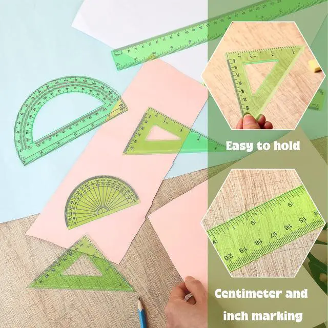 Alt view image 7 of 7 - 6 Pcs Math Geometry Ruler Set, Protractor Triangle School,Green | Clear Plastic Geometry Tools for Kids Drawing, Includes Protractors Triangles Straight Edge, Drafting Set for Math Class Home