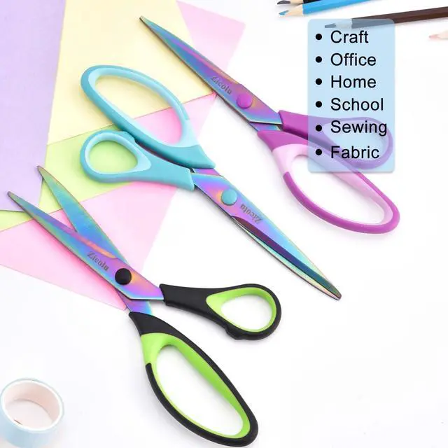 Alt view image 2 of 7 - 8.5" Scissors All Purpose, Multipurpose Office Scissors Set, Titanium Coating Sharp Blade, Soft Comfort-Grip, Ideal for Fabric, School, Home, Craft & Sewing, Right/Left Handed, Assorted Color, 3 Pack