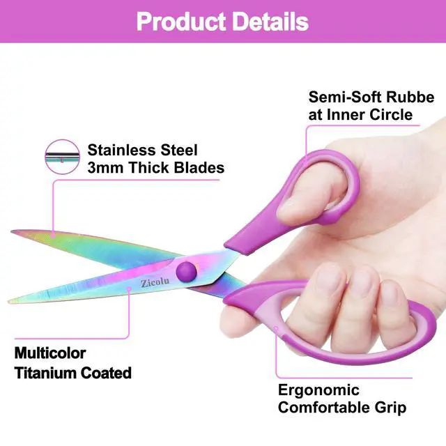 Alt view image 3 of 7 - 8.5" Scissors All Purpose, Multipurpose Office Scissors Set, Titanium Coating Sharp Blade, Soft Comfort-Grip, Ideal for Fabric, School, Home, Craft & Sewing, Right/Left Handed, Assorted Color, 3 Pack