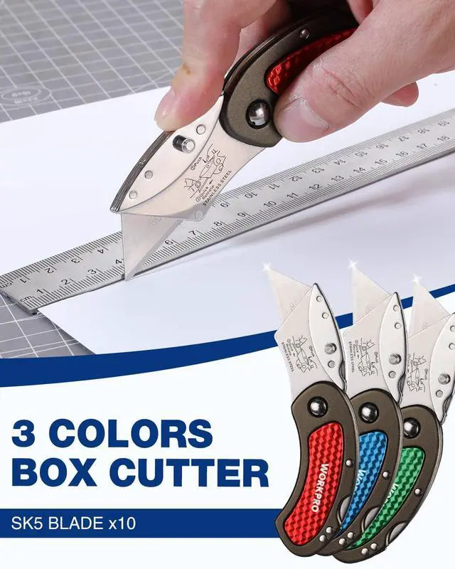 Alt view image 5 of 7 - Folding Utility Knife Set | Quick Change Blade, Back-lock Mechanism 3-piece with 10-piece Extra Blades, for DIY, Home, Office & Artcraft Use