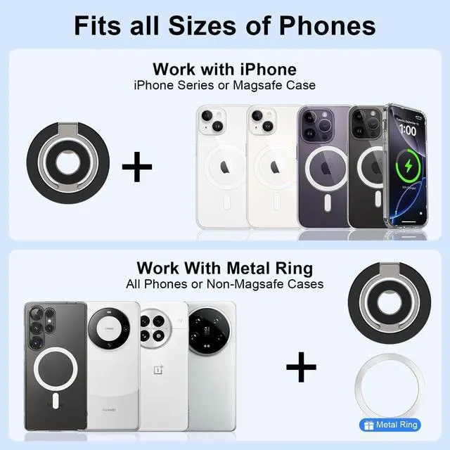 Alt view image 6 of 7 - Magnetic Phone Ring Holder for Samsung Galaxy S26 S25 Ultra S25 S24 FE S24 | Removable Magsafe Phone Grip with Kickstand for iPhone Air 17 Pro Max 17e 16e 16 15 14 13 12 Pro Max