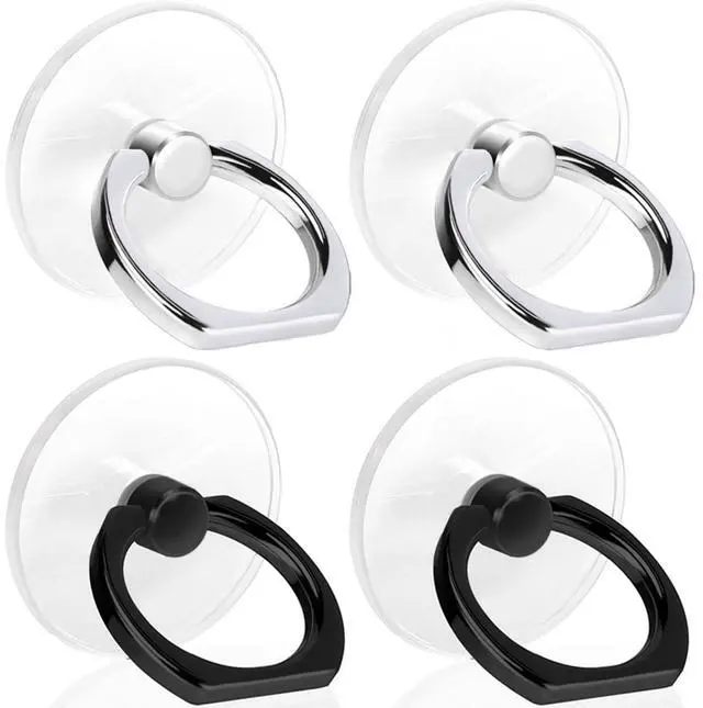 Main image of 4 Pack Cell Phone Ring Holder, 2 Silver+2 Black | Transparent, 360° Rotation Adhesive, Finger Ring Stand, Clear Kickstand, Compatible with Most Phones, Tablet and Case