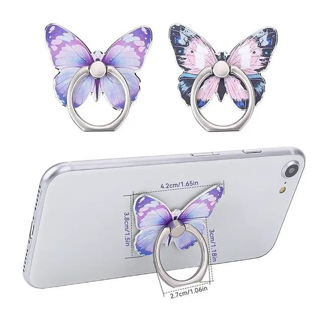 Alt view image 2 of 7 - 2 Pcs Butterfly Cell Phone Ring Stand Holder, Cute Butterfly Design Finger 360° Rotating Metal Hand Phone Stand Holder, with Adjustable Knob Loop (Purple, Blue)