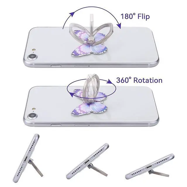 Alt view image 3 of 7 - 2 Pcs Butterfly Cell Phone Ring Stand Holder, Cute Butterfly Design Finger 360° Rotating Metal Hand Phone Stand Holder, with Adjustable Knob Loop (Purple, Blue)