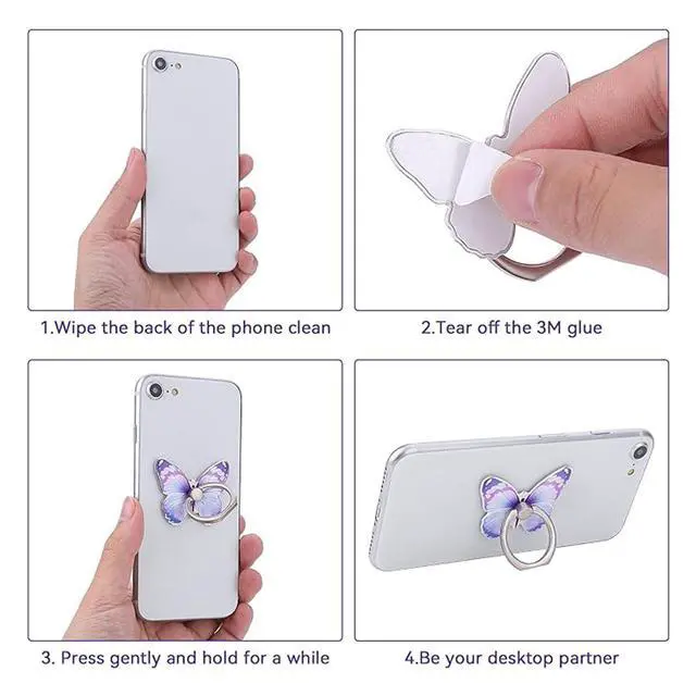 Alt view image 4 of 7 - 2 Pcs Butterfly Cell Phone Ring Stand Holder, Cute Butterfly Design Finger 360° Rotating Metal Hand Phone Stand Holder, with Adjustable Knob Loop (Purple, Blue)