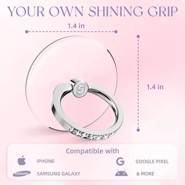 Alt view image 5 of 6 - 2 Pcs Clear Phone Ring Holder with Diamond, Silver | Transparent, Adhesive Finger Grip, 360° Rotation, Compatible with Most Phones, Tablet and Case