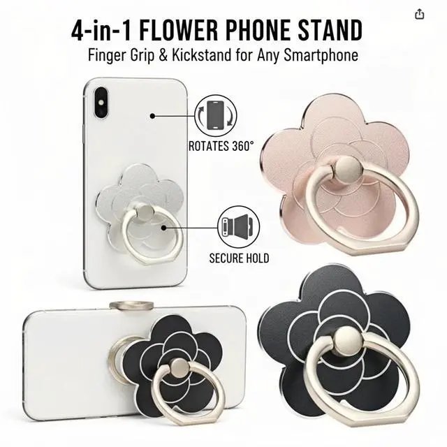 Alt view image 4 of 7 - 4 Pcs Cell Phone Ring Holder Flower,360 Rotate and 180°Angle Adjustable Metal Finger Ring Socket Grip Kickstand for Smartphones