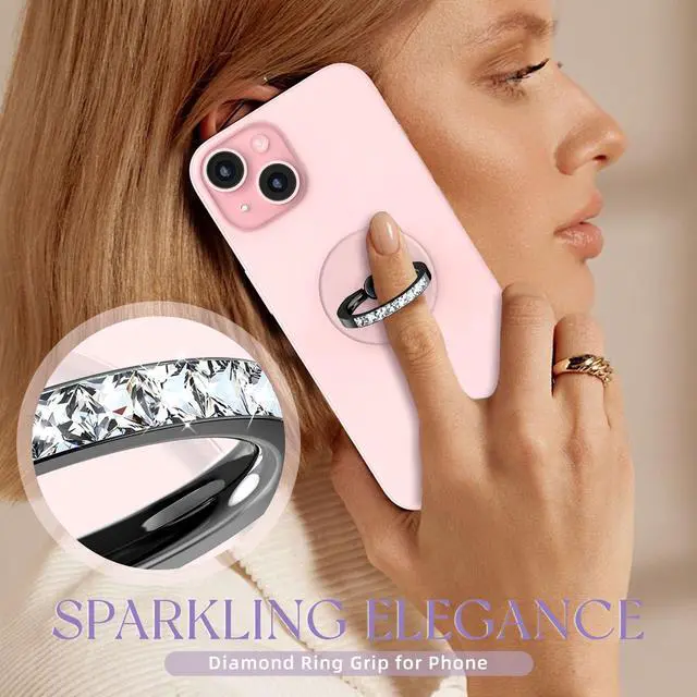 Alt view image 2 of 6 - 2 Pcs Clear Phone Ring Holder with Diamond, Black | Transparent, Adhesive Finger Grip, 360° Rotation, Compatible with Most Phones, Tablet and Case