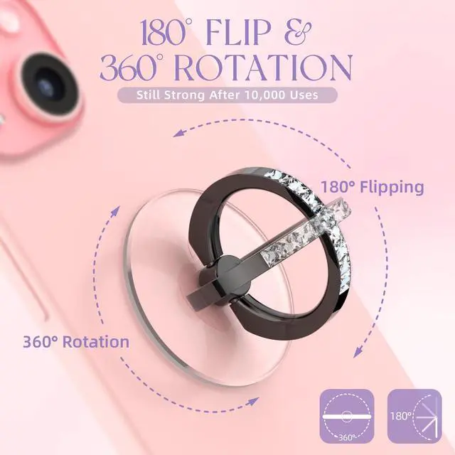 Alt view image 4 of 6 - 2 Pcs Clear Phone Ring Holder with Diamond, Black | Transparent, Adhesive Finger Grip, 360° Rotation, Compatible with Most Phones, Tablet and Case