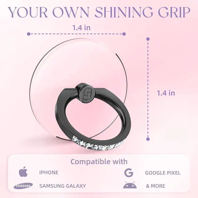 Alt view image 5 of 6 - 2 Pcs Clear Phone Ring Holder with Diamond, Black | Transparent, Adhesive Finger Grip, 360° Rotation, Compatible with Most Phones, Tablet and Case