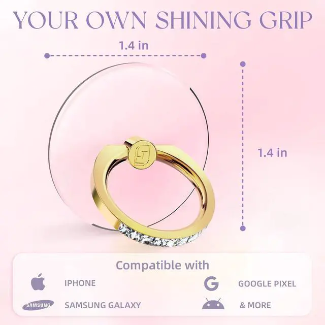 Alt view image 5 of 6 - 2 Pcs Clear Phone Ring Holder with Diamond, Gold | Transparent, Adhesive Finger Grip, 360° Rotation, Compatible with Most Phones, Tablet and Case