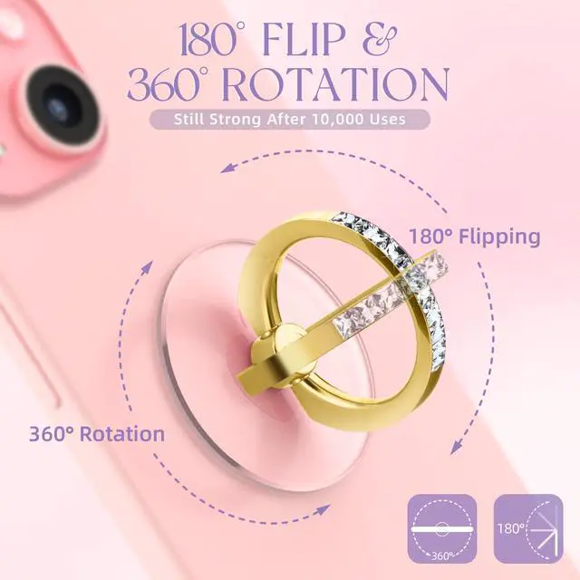 Alt view image 4 of 6 - 2 Pcs Clear Phone Ring Holder with Diamond, Gold | Transparent, Adhesive Finger Grip, 360° Rotation, Compatible with Most Phones, Tablet and Case