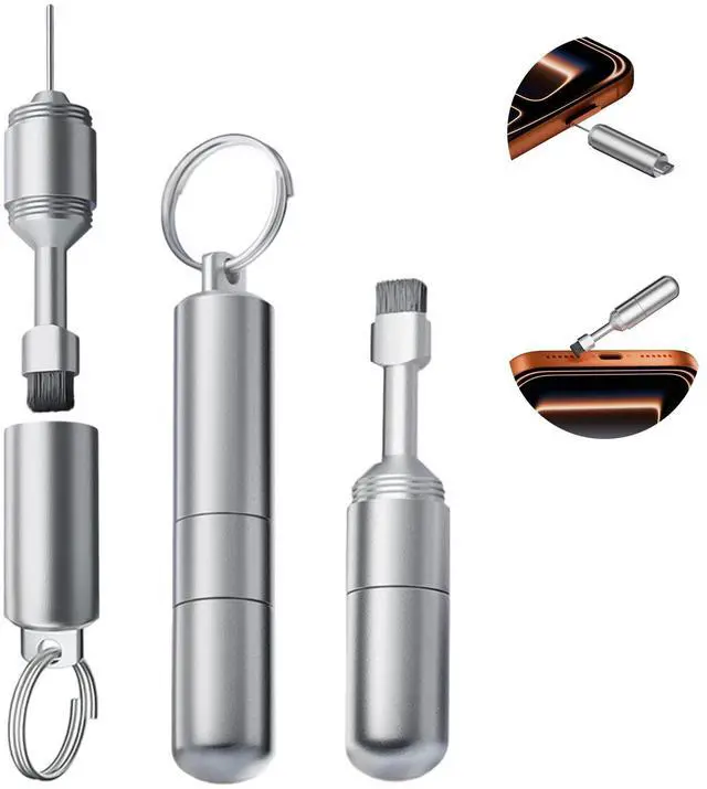 Main image of 2 in 1 SIM Card Tray Removal Tool with Cleaning Brush, Silver | Aluminum EDC Portable Keychain, Universal Reset Needle Opener Pin, Earphone Port Cleaner Kit