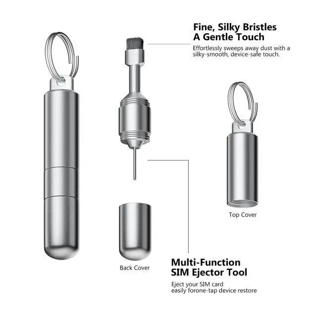 Alt view image 6 of 7 - 2 in 1 SIM Card Tray Removal Tool with Cleaning Brush, Silver | Aluminum EDC Portable Keychain, Universal Reset Needle Opener Pin, Earphone Port Cleaner Kit