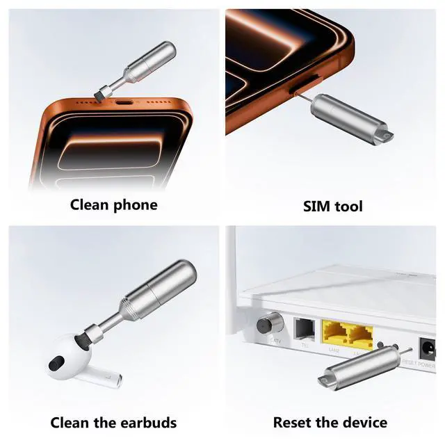 Alt view image 7 of 7 - 2 in 1 SIM Card Tray Removal Tool with Cleaning Brush, Silver | Aluminum EDC Portable Keychain, Universal Reset Needle Opener Pin, Earphone Port Cleaner Kit