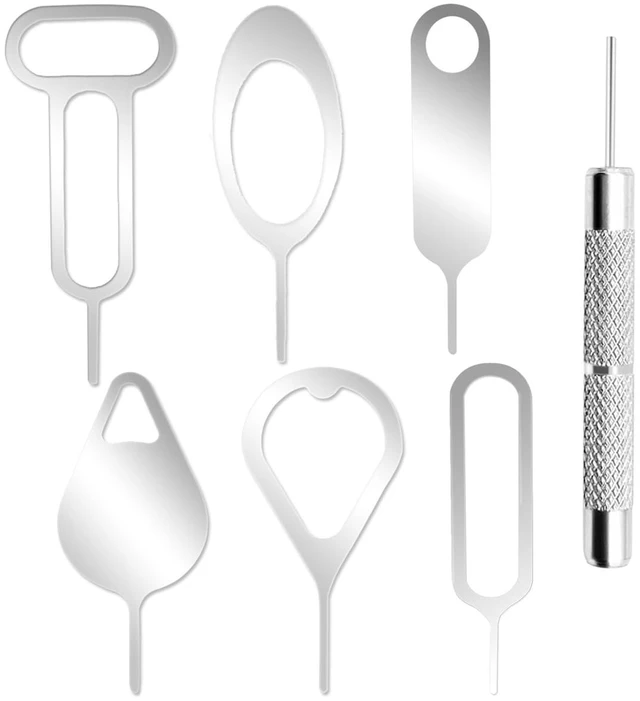 Main image of 7Pcs SIM Card Removal Openning Tool Tray Eject Pins Needle Opener Ejector Compatible with All iPhone Apple iPad HTC Samsung Galaxy Cell Phone Smartphone Watchchain Link Remover (7Styles)