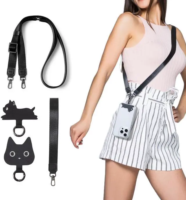 Main image of Phone Lanyard Crossbody Wrist Strap, Anti-Theft Adjustable Cell Phone Lanyards for Around the Neck or Wrist, Nylon Phone Strap with 2 Tether Tabs for Daily Use and Travel, Black Cat