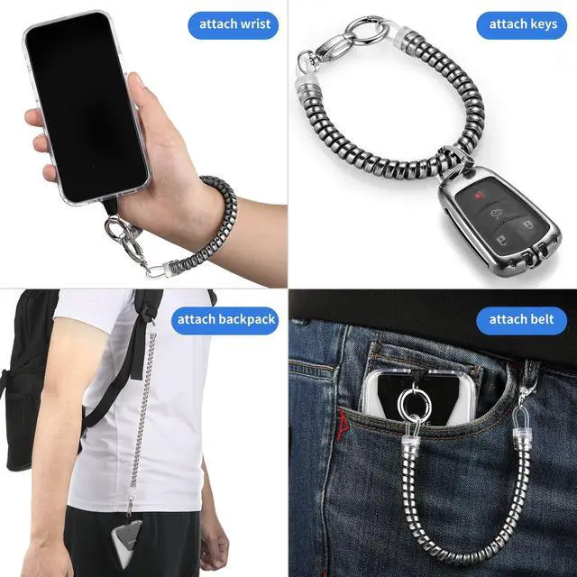 Alt view image 3 of 7 - Phone Lanyard Tether with 4 Patch- 2× Phone Tether, 4× Phone Patch with Adhesive, Compatible with Smartphone- Silver
