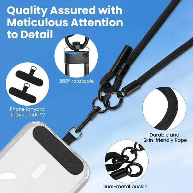Alt view image 6 of 7 - Phone Lanyard, Phone Strap Crossbody with 2 Pack Tether Tab, Adjustable Anti Theft Phone Strap for All Phones (Black)