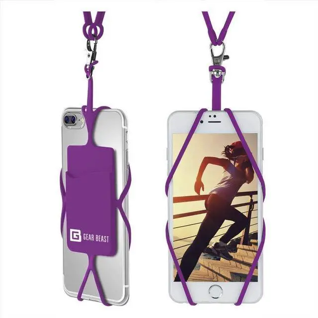 Main image of Cell Phone Lanyard - Universal Neck Phone Holder w/Card Pocket and Silicone Neck Strap - Compatible with Most Smartphones, Purple