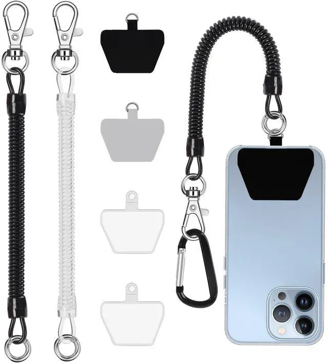 Main image of Phone Tether, 2PCS Phone Lanyard Tether with 4*Patch and 1*Carabiner for Outdoor Hiking Cycling Climbing Skiing Compatible for iPhone Samsung Pixel Most Smartphones(Black+Clear)