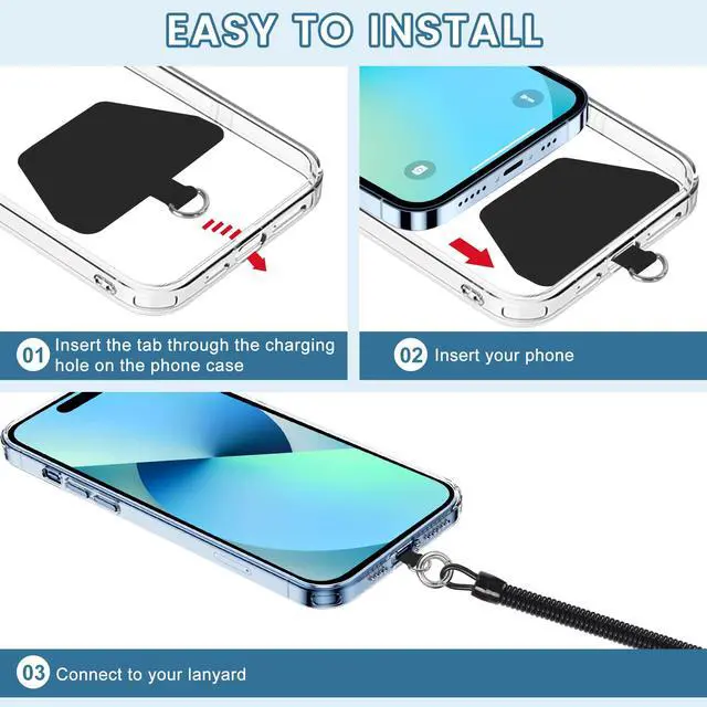 Alt view image 3 of 6 - Phone Tether, 2PCS Phone Lanyard Tether with 4*Patch and 1*Carabiner for Outdoor Hiking Cycling Climbing Skiing Compatible for iPhone Samsung Pixel Most Smartphones(Black+Clear)