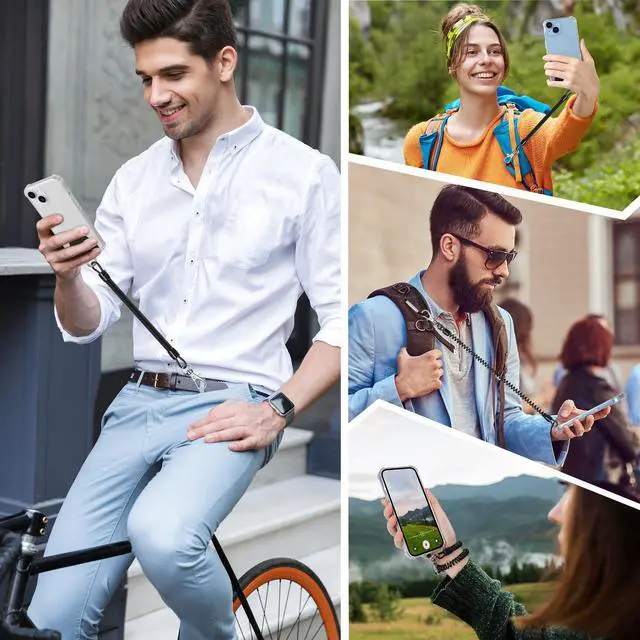 Alt view image 6 of 6 - Phone Tether, 2PCS Phone Lanyard Tether with 4*Patch and 1*Carabiner for Outdoor Hiking Cycling Climbing Skiing Compatible for iPhone Samsung Pixel Most Smartphones(Black+Clear)