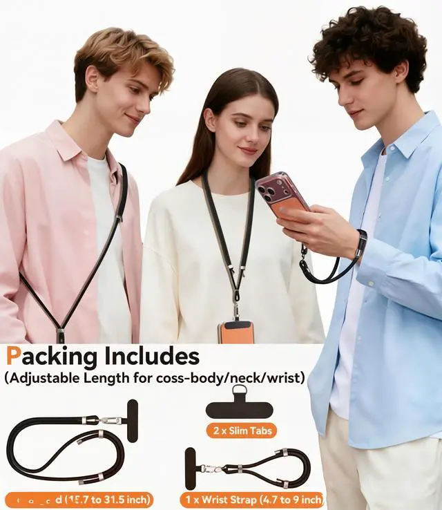 Alt view image 4 of 7 - 4-IN-1 Phone Lanyard + Wrist Strap Set, Adjustable Length (15.7-31.5 in) Cell Phone Lanyard with 2 PCSTether Tabs for iPhone,Smartphones