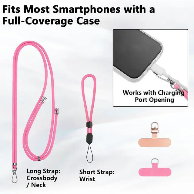 Alt view image 5 of 7 - 2 Pack Phone Lanyard And Wrist Strap Set With Tether Tabs, Black Pink | Adjustable Crossbody, Neck And Wrist Carry; Fits Most Smartphones With Full-Coverage Cases; Easy Tab Install