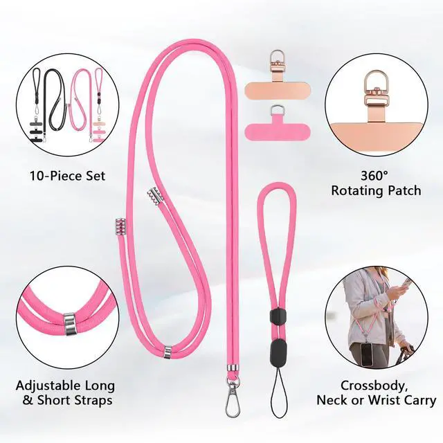 Alt view image 3 of 7 - 2 Pack Phone Lanyard And Wrist Strap Set With Tether Tabs, Black Pink | Adjustable Crossbody, Neck And Wrist Carry; Fits Most Smartphones With Full-Coverage Cases; Easy Tab Install