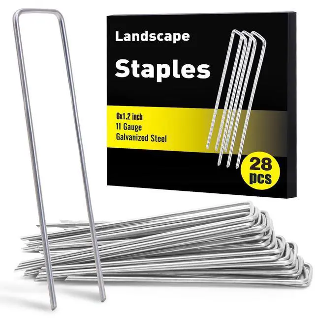 Main image of 28 Pack Landscape Staples 6 Inch, Galvanized Garden Stakes 11 Gauge | Heavy Duty Sod Pins Tent Stakes Garden Staples for Ground Cover, Landscaping Fabric, Yard, Lawn, Turf, Irrigation Hose