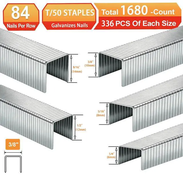 Alt view image 2 of 7 - 20 Guage T/50 Staples,1/4+"5/16"+3/8"+1/2"+9/16":3280pcs | Galvanized Nails,5 Sizes Assorted Size Project Pack for Staple Gun or T-50 Stapler