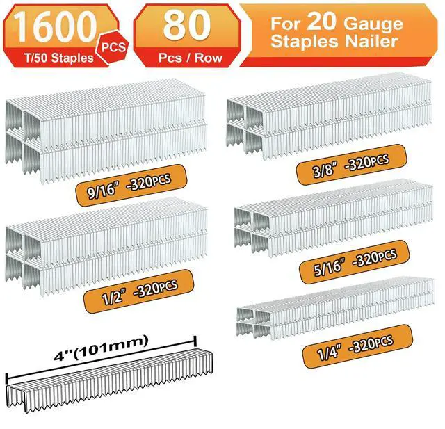 Alt view image 5 of 7 - 20 Guage T/50 Staples,1/4+"5/16"+3/8"+1/2"+9/16":3280pcs | Galvanized Nails,5 Sizes Assorted Size Project Pack for Staple Gun or T-50 Stapler