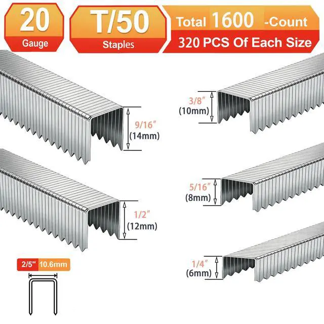 Alt view image 3 of 7 - 20 Guage T/50 Staples,1/4+"5/16"+3/8"+1/2"+9/16":3280pcs | Galvanized Nails,5 Sizes Assorted Size Project Pack for Staple Gun or T-50 Stapler