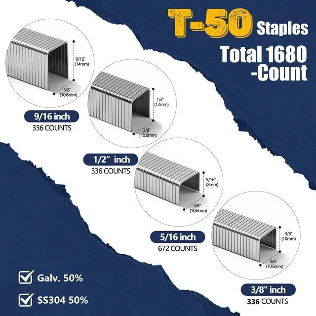 Alt view image 2 of 5 - Heavy Duty T-50 Staples 3/8" Crown 1680 PCS 4 Sizes Assorted Pack | 5/16"-672, 3/8"-336, 1/2"-336, 9/16"-336 (SS304 & Galvanized 50% each) Project Pack for Pneumatic & Electric T50 Stapler