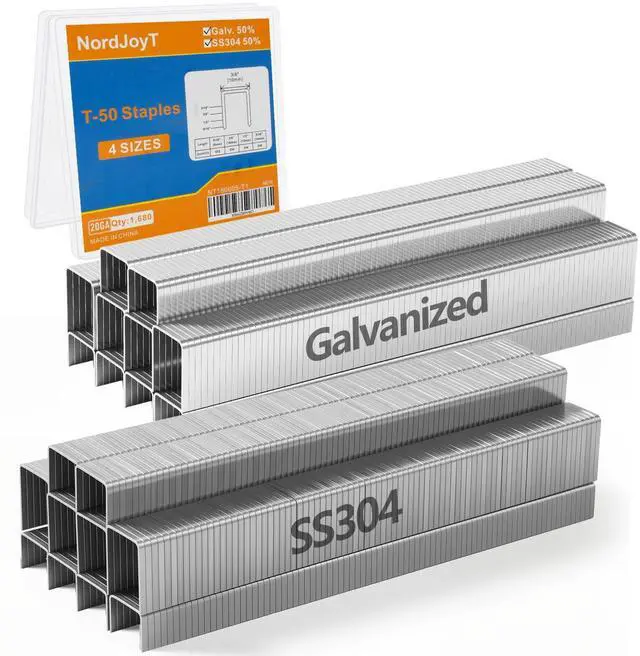 Main image of Heavy Duty T-50 Staples 3/8" Crown 1680 PCS 4 Sizes Assorted Pack | 5/16"-672, 3/8"-336, 1/2"-336, 9/16"-336 (SS304 & Galvanized 50% each) Project Pack for Pneumatic & Electric T50 Stapler
