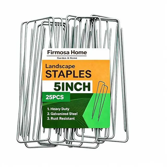 Main image of 5 Inch Landscape Staples, 25 Pack Heavy Duty Galvanized U-Shaped Garden Stakes & Sod Pins for Weed Barrier, Landscape Fabric, Irrigation Tubing, Ground Anchoring - Rust Resistant