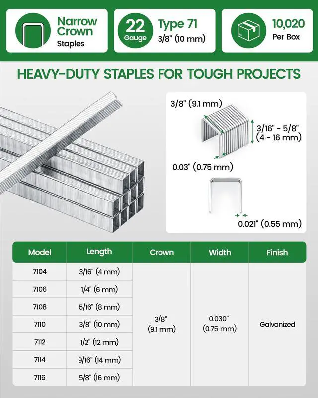 Alt view image 2 of 7 - 22 Gauge 71 Series 3/8" Crown Wide 3/8" Leg Length Galvanized Staples for Upholstery Stapler 10,020 PCS/Box (1 Box)