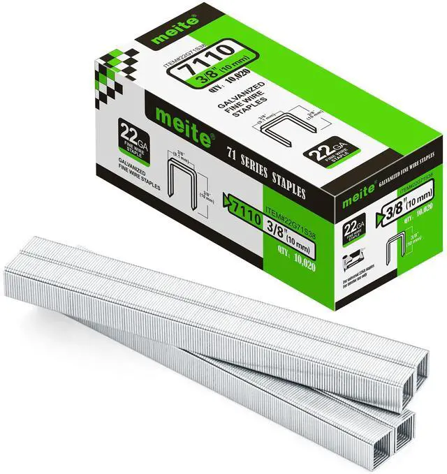 Main image of 22 Gauge 71 Series 3/8" Crown Wide 3/8" Leg Length Galvanized Staples for Upholstery Stapler 10,020 PCS/Box (1 Box)